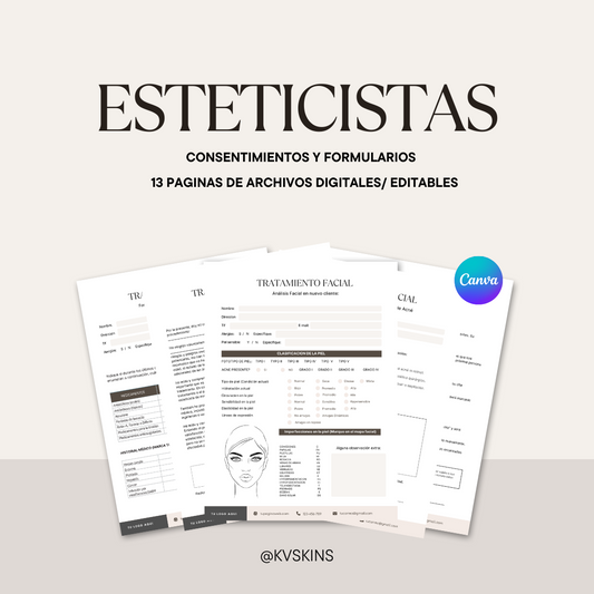 Esteticistas: Consentimientos y formularios (Descarga digital editable).